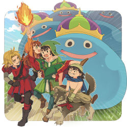 1girl bad_id bad_pixiv_id blue_eyes breasts closed_mouth commentary_request curly_hair dragon_quest dragon_quest_vii dress fire gabo green_eyes hat hero_(dq7) hood kiefer king_slime_(dragon_quest) long_hair magic maribel_(dq7) miyama_(kannsannn) multiple_boys neckerchief open_mouth red_hair slime_(dragon_quest) smile square_enix sword weapon wolf