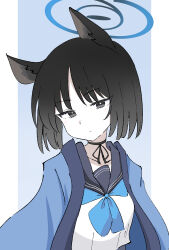 1girl animal_ears black_choker black_eyes black_hair blue_archive blue_background blue_halo blue_haori blue_neckerchief blue_sailor_collar blue_skirt cat_ears choker collarbone commentary_request halo haori hayoo_ww highres japanese_clothes kikyou_(blue_archive) light_blush looking_at_viewer medium_hair neckerchief pout sailor_collar shirt sidelocks skirt solo upper_body white_background white_shirt