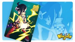 Rule 34 | 1girl, ahoge, aqua background, belt, belted jacket, bike shorts, black gloves, black shorts, boots, border, card, character background, checkered clothes, checkered jacket, commentary, copyright name, copyright notice, covered mouth, english commentary, eyelashes, eyewear on head, from behind, gameplay mechanics, gloves, gungho, high collar, holding, holding weapon, ippon katana (ninjala), jacket, jane (ninjala), leather, leather gloves, legs apart, light blush, logo, looking back, medium hair, multicolored jacket, ninjala, nose, official art, popped collar, profile, race queen, red belt, red boots, rianti-wong, second-party source, shorts, shuriken, simple background, sleeveless, sleeveless jacket, sparks, standing, sunglasses, thigh boots, two-tone jacket, weapon, white-framed eyewear, white border, white jacket, yellow eyes