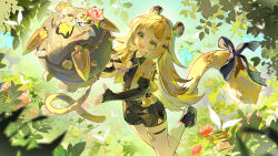 1girl animal_ear_fluff animal_ears black_shorts blonde_hair commentary_request elbow_gloves fingerless_gloves flower gloves green_eyes highres ju_fufu long_hair open_mouth short_shorts shorts solo tail tail_ornament tiger_ears tiger_girl tiger_tail yu_e_baba zenless_zone_zero