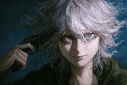 1boy blue_background danganronpa_(series) danganronpa_2:_goodbye_despair green_eyes green_jacket grey_hair gun gun_to_head hair_between_eyes handgun highres holding holding_gun holding_weapon jacket komaeda_nagito looking_at_viewer male_focus messy_hair revolver seapall smile solo weapon