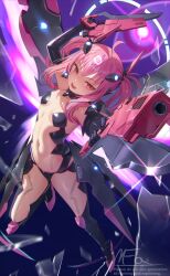 1girl absurdres armpits bemani breasts dual_wielding elbow_gloves gloves grace_(sound_voltex) highres holding holding_weapon looking_at_viewer mecha_musume mirufuaa navel open_mouth pink_hair revealing_clothes small_breasts smile solo sound_voltex thighhighs twintails watermark weapon