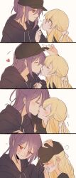 ... 2girls adjusting_clothes adjusting_headwear bang_dream! baseball_cap black_headwear black_hoodie blonde_hair blush borrowed_clothes commentary couple covering_own_mouth finger_to_another&#039;s_mouth hair_ribbon half_updo hand_on_another&#039;s_head hat headwear_switch heart highres holding holding_removed_eyewear hood hood_down hoodie kiss long_hair looking_at_another md5_mismatch multiple_girls notice_lines ponytail purple_hair red_eyes ribbon seri_(vyrlw) seta_kaoru shirasagi_chisato sweatdrop unworn_eyewear white_ribbon yuri