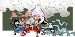Rule 34 | 3girls, barefoot, black hair, bloomers, blue bow, blue dress, blue skirt, blue vest, bow, clenched teeth, commentary request, dress, fujiwara no mokou, full body, green background, grey hair, gunbai, hair bow, hat, jockstrap, letty whiterock, long hair, male underwear, multiple girls, onikobe rin, pants, purple hair, red pants, short hair, skirt, star sapphire, steam, sumo, teeth, touhou, two-tone background, underwear, vest, war fan, white background, white bloomers, white hat, wrestling