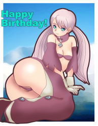 00s 1girl ass birthday blush bra breasts cameltoe chaps cross cross_necklace cynthia_lane detached_sleeves female_focus green_eyes happy_birthday highres jewelry long_hair looking_at_viewer low_twintails maqubee necklace overman_king_gainer panties pink_hair shiny_skin sky small_breasts smile solo twintails underwear