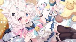 1girl ahoge animal_ear_fluff animal_ears apron bell black_thighhighs blue_eyes blue_sailor_collar blue_skirt blush breasts cable cat_ears cat_girl cat_tail character_doll commission controller doll electric_plug frills game_controller gradient_hair hair_ornament hand_on_own_chest handheld_game_console heterochromia highres hikimayu holding joy-con long_hair looking_at_viewer low_twintails maid maid_headdress mikeou_(vtuber) multicolored_hair nintendo_switch open_mouth original pink_eyes pink_hair red_eyes sailor_collar shiro9jira skeb_commission skirt smile solo tail thick_eyebrows thigh_strap thighhighs twintails virtual_youtuber white_hair