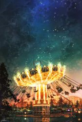Rule 34 | amusement park, carnival, commentary request, dark, ferris wheel, highres, kurasuta, night, night sky, no humans, original, outdoors, roller coaster, scenery, sky, tree, water
