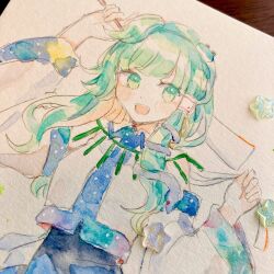 Rule 34 | 1girl, :d, bare shoulders, blue skirt, blunt bangs, blush stickers, collared shirt, detached sleeves, dot nose, frog hair ornament, gohei, green eyes, green hair, hair ornament, hair tubes, highres, holding, holding gohei, jewelry, kochiya sanae, long hair, long sleeves, mozukuzu (manukedori), necklace, open mouth, patterned clothing, photo (medium), shide, shirt, single hair tube, single sidelock, skirt, skirt set, sleeveless, sleeveless shirt, smile, snake hair ornament, solo, star (symbol), touhou, traditional media, undefined fantastic object, white background, wide sleeves, wing collar
