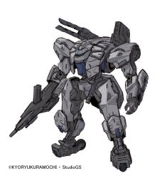 blue_eyes code_beast glowing glowing_eyes gun highres holding holding_gun holding_weapon looking_ahead mecha no_humans official_art open_hand robot science_fiction solo standing sukekiyo56 weapon wheel white_background