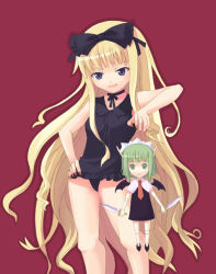 00s 2girls armpits bare_shoulders blonde_hair blue_eyes blunt_bangs casual_one-piece_swimsuit chachazero contrapposto doll evangeline_a.k._mcdowell hand_on_own_hip holding long_hair mahou_sensei_negima! multiple_girls one-piece_swimsuit red_background simple_background standing string swimsuit vampire very_long_hair