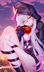 1girl animal_ear_hood apple black_gloves black_jacket blush breasts breasts_apart closed_mouth cloud commentary_request fake_animal_ears fate/grand_order fate_(series) feet_out_of_frame food fruit gloves green_eyes hair_between_eyes hand_up highres holding holding_food holding_fruit hood hooded_jacket jacket lightria lilith_(fate) lilith_(first_ascension)_(fate) long_hair looking_at_viewer medium_breasts outdoors purple_sky sky solo sunset twitter_username very_long_hair white_hair