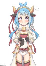 Rule 34 | 1girl, absurdres, animal ears, animal print, bell, blue hair, blush, cow ears, cow print, cowbell, flat chest, headband, highres, lifting own clothes, mahiru (princess connect!), mahiru (ranger) (princess connect!), panties, princess connect!, ruinone, star-shaped pupils, star (symbol), symbol-shaped pupils, underwear
