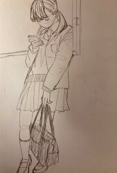1girl bag bow bowtie closed_eyes highres jacket loafers long_sleeves monochrome natuya_(natuya2014) original pleated_skirt ponytail school_uniform shoes sketch skirt solo