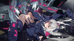1girl absurdres aseiusx bodysuit boots breasts fingerless_gloves gloves highres indie_virtual_youtuber long_hair lying on_back outdoors puddle rain red_eyes robot saruei_(vtuber) separated_legs small_breasts smile stomach thigh_boots underboob vaginal very_long_hair white_hair