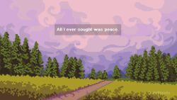 atmospheric_perspective cloud cloudy_sky dirt_road dithering english_text forest highres mountainous_horizon nature no_humans onlypixeeels original pixel_art road scenery sky swirling tree