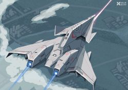 4xs_master_race ace_combat ace_combat_7:_skies_unknown adf-11f_raven airborne_laser aircraft airplane bandai_namco building cannon city cloud directed-energy_weapon drone energy energy_beam energy_cannon energy_weapon fighter_aircraft fighter_jet highres laser laser_cannon laser_weapon military military_vehicle no_humans pink_laser project_aces purple_laser sky stealth_aircraft tactical_laser_system unmanned_aerial_vehicle unmanned_combat_aerial_vehicle weapon_uav_(ace_combat)