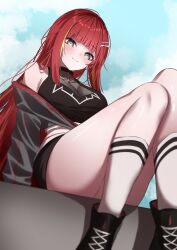 1girl absurdres akane_lize bare_shoulders black_shirt black_shoes black_shorts blue_sky blunt_bangs blush breasts cleavage closed_mouth cloud crop_top day dutch_angle eles01 from_below grey_eyes grey_jacket hair_ornament hairclip halter_shirt halterneck hashtag-only_commentary highres jacket kneehighs knees_up large_breasts long_hair looking_at_viewer mole mole_on_cheek multicolored_hair off_shoulder red_hair red_trim see-through_cleavage see-through_clothes shirt shoes short_shorts shorts sidelocks sitting sky smile socks solo stellive streaked_hair thighs very_long_hair virtual_youtuber white_socks