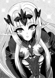 1girl :o armor breasts elf greyscale hair_ornament highres kage_no_jitsuryokusha_ni_naritakute! kage_no_jitsuryokusha_ni_naritakute!_master_of_garden long_hair looking_at_viewer medium_breasts mfck3357 monochrome olivier_(kage_no_jitsuryokusha_ni_naritakute!) open_mouth pelvic_curtain pointy_ears revealing_clothes solo tagme thighs
