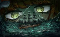Rule 34 | 1girl, animanima, close-up, flower, freckles, giant, giantess, green eyes, hair flower, hair ornament, highres, ishmael (project moon), limbus company, night, ocean, orange hair, project moon, rain, sail, scenery, ship, solo, storm, watercraft, waves, white flower