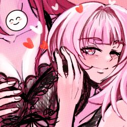 2girls ;) alternate_costume blackjacket090 blue_eyes breasts brown_hair cleavage commentary eden_(honkai_impact) elysia_(honkai_impact) english_commentary grabbing_another&#039;s_breast groping highres honkai_(series) honkai_impact_3rd large_breasts long_hair multiple_girls nightgown one_eye_closed pink_hair smile white_nightgown yuri