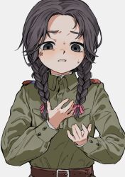 1girl belt braid brown_belt brown_hair collared_shirt highres long_hair long_sleeves military_uniform mongolia_(nanimonothing) nanimonothing nervous original personification shirt solo star_on_cheek sweat twin_braids white_background