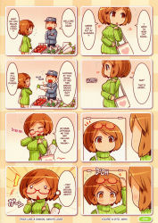 1girl bag blush brown_eyes brown_hair daikon english_text closed_eyes eyewear_on_head glasses green_shirt hard-translated highres mirror nikki_(swapnote) nintendo radish ribbed_sweater shigatake shirt shopping short_hair swapnote sweater thighhighs third-party_edit turtleneck