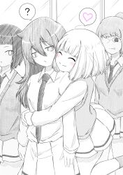 4girls ? azuminonomizua blush character_request glasses heart highres hug hug_from_behind kuroki_tomoko miniskirt multiple_girls necktie ootonari_nagi school_uniform skirt spoken_heart spoken_question_mark uchi_emiri watashi_ga_motenai_no_wa_dou_kangaetemo_omaera_ga_warui! yuri