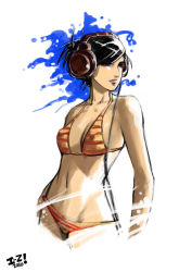 1girl bikini black_hair blue_eyes breasts female_focus headphones highres image_sample irving-zero lipstick makeup medium_breasts navel original short_hair sketch solo striped_bikini striped_clothes swimsuit