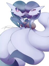 alternate_color blue_hair colored_skin dress gardevoir gen_3_pokemon green_hair green_skin hair_over_one_eye multicolored_skin narumiya_pkmn nintendo pink_eyes pokemon pokemon_(creature) shiny_pokemon signature simple_background smile two-tone_skin white_background white_dress white_skin