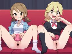 2girls :d bar_censor black_socks black_sweater blonde_hair blush breasts brown_eyes brown_hair censored chiwino clothes_lift collared_shirt commentary_request couch grin hand_up happy indoors jacket knees lass_(pokemon) lifting_own_clothes long_hair multiple_girls nintendo open_clothes open_jacket open_mouth pink_skirt pokemon pokemon_oras pokemon_xy pussy shirt short_twintails skirt skirt_lift smile socks spread_legs steaming_body sweater teeth twintails upper_teeth_only white_shirt white_socks