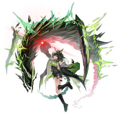 1girl absurdres ahoge arknights arm_up ass bare_shoulders black_boots black_gloves black_hair black_shorts boots breasts colored_inner_hair crystal diffraction_spikes elbow_gloves emoji full_body gloves green_eyes green_hair hair_between_eyes highres huge_ahoge jhini knee_boots looking_at_viewer magic medium_breasts mon3tr_(arknights) mon3tr_(summon)_(arknights) multicolored_hair open_mouth outstretched_arm shoe_soles shorts sideboob simple_background solo thigh_strap white_background