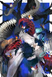 Rule 34 | 1boy, absurdres, ameinu, animal skeleton, arthropod boy, arthropod limbs, blue eyes, bug, butterfly, cape, centipede, crown, diamond hairband, dragonfly wings, fate/grand order, fate (series), full body, fur-trimmed cape, fur trim, grey hair, highres, insect, insect wings, long sleeves, looking at viewer, male focus, medium hair, midair, oberon (fate), oberon (third ascension) (fate), shirt, smile, solo, upside-down, white shirt, wings
