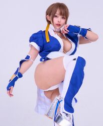 Rule 34 | 1girl, ass, bra, breasts, brown hair, cleavage, cosplay, cosplay photo, dead or alive, kagamisou, kasumi (doa), kasumi (doa) (cosplay), panties, photo (medium), platform sandals, real life, sandals, short sleeves, standing, standing on one leg, underwear