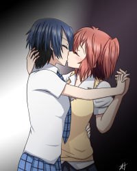 2girls akuma_no_riddle athyra azuma_tokaku blue_hair blue_neckwear blue_skirt blush closed_eyes couple female_focus holding_hands ichinose_haru interlocked_fingers kiss multiple_girls necktie plaid_clothes plaid_necktie plaid_skirt red_hair school_uniform shirt short_hair short_sleeves skirt standing sweater_vest twintails white_shirt yuri