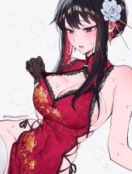 1girl absurdres alternate_costume bare_arms bare_shoulders black_gloves black_hair blush breasts china_dress chinese_clothes cleavage cleavage_cutout closed_eyes closed_mouth clothing_cutout covered_navel dress earrings floral_print gloves hair_ornament highres jewelry large_breasts open_mouth paid_reward_available patreon_username qiandaiyiyu red_dress simple_background skindentation sleeveless sleeveless_dress solo spy_x_family white_background yor_briar