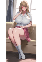 Rule 34 | 1girl, blonde hair, blush, breasts, cleavage, closed mouth, collarbone, commentary request, commission, couch, curtains, full body, hair between eyes, hair ornament, hair ribbon, hand in own hair, highres, huge breasts, indoors, long hair, looking at viewer, on couch, original, pink skirt, red eyes, red ribbon, ribbon, second-party source, shirt, short sleeves, sitting, skeb commission, skirt, socks, solo, thick thighs, thighs, white shirt, white socks, window, yamanokami eaka