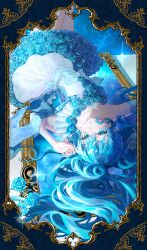 1girl absurdres aqua_eyes aqua_hair aqua_nails blue_flower blue_ribbon blue_rose border bow bowtie dress floating_hair flower flower_dress gold_trim hatsune_miku highres long_hair looking_at_viewer ornate_border ribbon rose star_(sky) star_(symbol) twintails upside-down very_long_hair vocaloid white_dress yarai