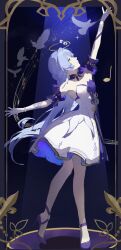 1girl absurdres aqua_hair arm_up ballet bare_shoulders bird bird_tail bird_wings breasts closed_mouth dress feathered_wings feathers full_body gloves green_eyes hair_between_eyes head_wings high_heels highres honkai:_star_rail honkai_(series) jewelry long_hair looking_at_viewer musical_note robin_(honkai:_star_rail) sheet_music sleeveless sleeveless_dress smile tail white_dress white_gloves wings yoswr