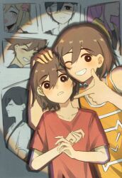 2boys ;d absurdres aged_down aubrey_(faraway)_(omori) aubrey_(omori) bailan1130 bare_shoulders basil_(faraway)_(omori) basil_(omori) black_eyes blush bright_pupils brown_hair clenched_teeth collarbone double-parted_bangs dual_persona film_grain fingernails grey_background grin hair_behind_ear hair_between_eyes hand_on_another&#039;s_head hero_(faraway)_(omori) hero_(omori) highres kel_(faraway)_(omori) kel_(omori) looking_at_viewer male_focus mari_(omori) mari_(spirit)_(omori) multiple_boys omori one_eye_closed open_mouth orange_tank_top pointing pointing_at_another red_shirt shirt short_hair short_sleeves simple_background smile spoilers sunny_(omori) t-shirt tank_top tearing_up teeth time_paradox upper_body white_pupils
