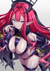 1girl baobhan_sith_(fate) baobhan_sith_(second_ascension)_(fate) bare_shoulders black_panties bracelet breasts bridal_gauntlets detached_sleeves earrings fate/grand_order fate_(series) grey_eyes grin guriguri_(arayotto4351) highres jewelry large_breasts long_hair looking_at_viewer navel panties pink_hair pointy_ears revealing_clothes sidelocks smile solo thigh_strap thighs tiara underwear veil white_background