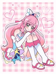 1girl ascot blue_bow boots bow braid brooch closed_mouth crown_braid cure_prism dress dress_bow elbow_gloves glove_bow gloves green_eyes hair_bow highres hirogaru_sky!_precure hugging_own_legs jewelry knee_boots layered_dress long_hair looking_at_viewer magical_girl medium_dress nijigaoka_mashiro outline pink_background pink_hair precure side_braids sitting sleeveless sleeveless_dress smile solo umiyuki_(umi_chu) very_long_hair white_ascot white_boots white_bow white_dress white_gloves white_outline wing_brooch