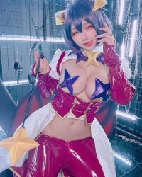 Rule 34 | 1girl, breasts, cleavage, corset, cosplay, hair ornament, highres, hiiragi utena, hiiragi utena (cosplay), large breasts, mahou shoujo ni akogarete, short hair, tagme, takanashihanari, tongue, wand, yellow eyes