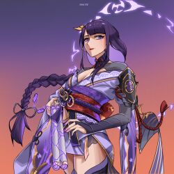 1girl braid breasts bridal_gauntlets cleavage closed_mouth disgust electricity flower genshin_impact gun hair_ornament halo highres holding holding_gun holding_weapon japanese_clothes kimono long_braid long_hair long_sleeves looking_at_viewer looking_to_the_side medium_breasts mole mole_under_eye purple_electricity purple_eyes purple_hair purple_halo purple_sash raiden_shogun red_lips red_rope rope sash shade shalter shotgun solo thighhighs thighs very_long_hair weapon