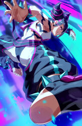 1girl baggy_pants black_hair blue_nails bracelet commentary feet glowing glowing_eye hair_horns han_juri highres jewelry pants smile solo spiked_anklet spiked_bracelet spikes street_fighter street_fighter_6 toeless_footwear yagi2013