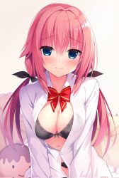 1girl 3: azunyan black_bow black_bra black_panties blue_eyes blush bow bowtie bra breasts breasts_out cleavage closed_mouth collared_shirt commentary_request corrupted_twitter_file cowboy_shot dress_shirt embarrassed eyes_visible_through_hair hair_between_eyes hair_bow hair_intakes hamidashi_creative highres large_breasts long_hair long_sleeves looking_at_viewer low_twintails navel off_shoulder panties partially_unbuttoned red_bow red_bowtie red_hair shirt sidelocks simple_background solo sweat tokiwa_kano tsurime twintails underwear very_long_hair white_background white_shirt