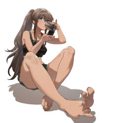 1girl barefoot black_camisole black_shorts blue_eyes breasts brown_hair camisole cellphone cm901_(girls&#039;_frontline) collarbone commentary cup dolphin_shorts drinking english_commentary feet full_body girls&#039;_frontline holding holding_cup holding_phone long_hair phone pinky_out ponytail rff_(3_percent) shorts sidelocks simple_background sitting smartphone solo toes white_background