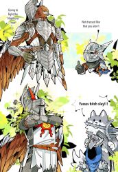 2boys armor artorias_the_abysswalker bird bird_boy blue_surcoat cosplay dark_souls_(series) dark_souls_i drenched-in-sunlight elden_ring elden_ring_nightreign full_armor gloves great_grey_wolf_sif greatsword guardian_(elden_ring) hat_over_eyes hawk helmet highres holding holding_sword holding_weapon male_focus multiple_boys scale_armor solaire_of_astora sword weapon winged_helmet wings wolf wylder_(elden_ring)