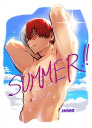 Rule 34 | 1boy, abs, arms behind back, artist name, blue eyes, boku no hero academia, border, burn scar, closed mouth, commentary request, cropped torso, from below, hair between eyes, highres, looking at viewer, male focus, multicolored hair, navel, nipples, outside border, red hair, scar, scar on face, short hair, solo, sparkle, split-color hair, sun, todoroki shoto, two-tone hair, urushi (0911gracias), white border, white hair
