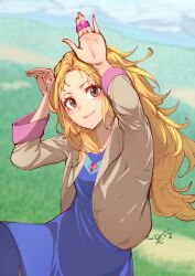 1girl blonde_hair blue_dress brown_eyes chienon closed_mouth dress final_fantasy final_fantasy_v grass highres krile_mayer_baldesion_(ff5) long_hair looking_at_viewer mountain smile solo