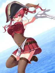 1girl arrow_through_heart ascot belt bicorne black_boots black_hat black_thighhighs blue_sky blush bodystocking boots breasts brown_belt cloud cloudy_sky commentary covered_navel day fangs foot_out_of_frame fujimori_arata gloves hair_between_eyes hair_ribbon half_updo hat heterochromia highres hololive houshou_marine large_breasts looking_at_viewer medium_hair miniskirt ocean open_hand open_mouth outdoors outstretched_arm outstretched_hand pirate_hat pleated_skirt red_ascot red_eyes red_hair red_ribbon red_skirt red_vest ribbon skirt sky sleeveless smile solo standing standing_on_one_leg teeth thighhighs twintails two-tone_skirt upper_teeth_only vest virtual_youtuber white_gloves white_skirt yellow_eyes zettai_ryouiki